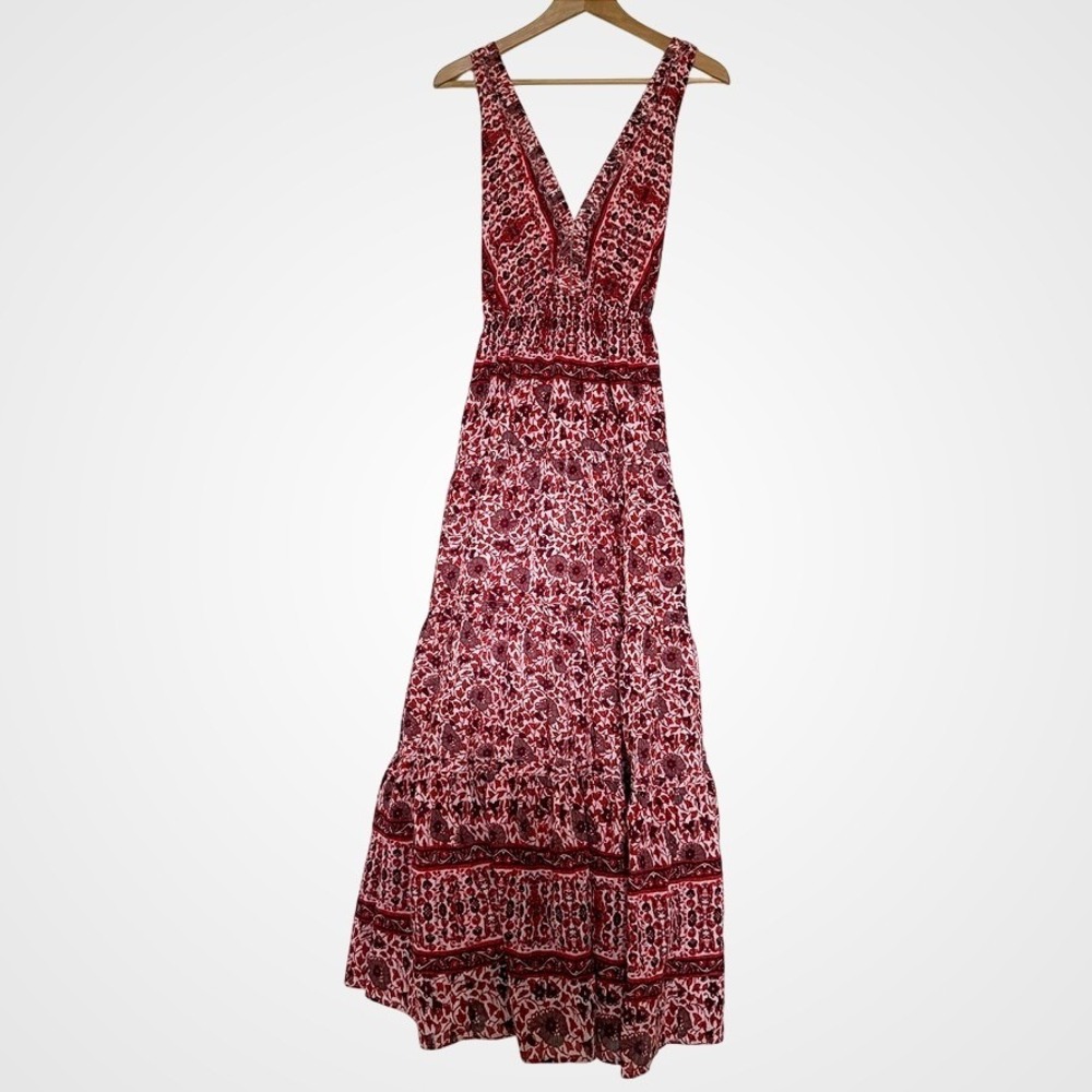 Free People Tiered Red Paisley Maxi Dress Lg Boho Floral Deep V Neck Open Back